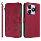 For Itel P55 4G / Infinix Smart 8 Butterfly Love Flower Multi-card Zipper Wallet Leather Phone Case(Wine Red) - 2
