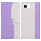 For iPhone 16e Embossed Two-Color Leather Phone Case(Purple White) - 1
