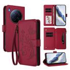 For Tecno Camon 40 Premier Butterfly Love Flower Multi-card Zipper Wallet Leather Phone Case(Wine Red) - 1
