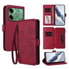 For Tecno Pova 6 4G Butterfly Love Flower Multi-card Zipper Wallet Leather Phone Case(Wine Red) - 1