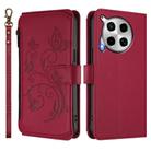 For Tecno Camon 30 4G / 5G Butterfly Love Flower Multi-card Zipper Wallet Leather Phone Case(Wine Red) - 2