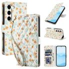 For Samsung Galaxy S23 5G Flower Pattern Buckle Leather Phone Case with Lanyard(Orange Flowers) - 1