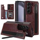 For Samsung Galaxy Z Fold7 Full Coverage Fold Double Buckle PU Phone Case with Pen Slots(Brown) - 1