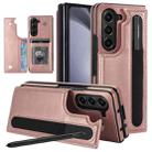 For Samsung Galaxy Z Fold7 Full Coverage Fold Double Buckle PU Phone Case with Pen Slots(Rose Gold) - 1