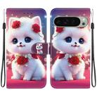 For Google Pixel 9 / Pixel 9 Pro Crystal Texture Colored Drawing Leather Phone Case(Rose Cat) - 1