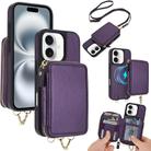 For iPhone 16 Plus AwQuer 2 in 1 Crossbody Wallet Leather Back Phone Case(Dark Purple) - 1