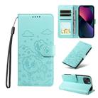 For iPhone 14 Plus Embossed Heart Dog RFID Blocking Wallet Leather Phone Case(Green) - 1