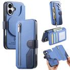 For iPhone 16 Plus Twill Fabric MagSafe RFID Anti-theft Zipper Wallet Leather Phone Case(Dark Blue) - 1