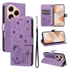 For Huawei Pura 80 5G Cat and Bee Embossed Flip Leather Phone Case(Purple) - 1