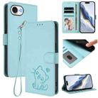For iPhone 16e Embossed Heart Cat Leather Phone Case with Strap(Mint Green) - 1