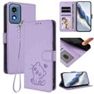 For Motorola Moto G Play 5G 2024 Embossed Heart Cat Leather Phone Case with Strap(Light Purple) - 1