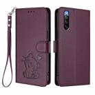 For Sony Xperia 10 V Embossed Heart Cat Leather Phone Case with Strap(Dark Purple) - 2