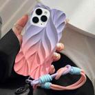 For iPhone 15 Pro Thickened 3D Leaf Pattern Two-Color Oil-Sprayed TPU Phone Case with Strap(Purple Pink) - 1