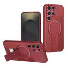 For Samsung Galaxy S25 Ultra 5G Carbon Fiber Texture MagSafe Phone Case with Holder(Red) - 1