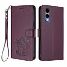 For Fujitsu Arrows We2 Embossed Heart Cat Leather Phone Case with Strap(Dark Purple) - 2