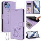 For Sharp Aquos wish5 Embossed Heart Cat Leather Phone Case with Strap(Light Purple) - 1