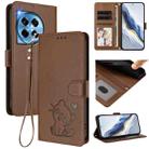 For OnePlus 12R 5G / Ace 3 5G Embossed Heart Cat Leather Phone Case with Hand Strap(Brown) - 1