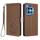 For OnePlus 12R 5G / Ace 3 5G Embossed Heart Cat Leather Phone Case with Hand Strap(Brown) - 2