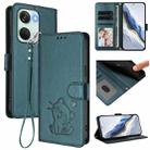 For OnePlus Nord 3 / Ace 2V Embossed Heart Cat Leather Phone Case with Hand Strap(Dark Green) - 1