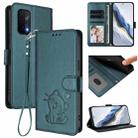 For OnePlus Nord N200 5G Embossed Heart Cat Leather Phone Case with Hand Strap(Dark Green) - 1