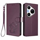 For Huawei Pura 80 Pro 5G / Pura 80 Pro+ 5G Embossed Heart Cat Leather Phone Case with Strap(Dark Purple) - 2