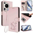 For Huawei Pura 70 Ultra Embossed Heart Cat Leather Phone Case with Strap(Pink) - 1