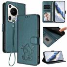 For Huawei Pura 70 Ultra Embossed Heart Cat Leather Phone Case with Strap(Dark Green) - 1