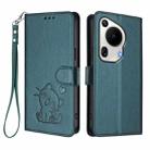 For Huawei Pura 70 Ultra Embossed Heart Cat Leather Phone Case with Strap(Dark Green) - 2