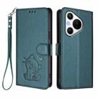 For Huawei Pura 70 Embossed Heart Cat Leather Phone Case with Strap(Dark Green) - 2