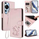 For Huawei P60 Art Embossed Heart Cat Leather Phone Case with Strap(Pink) - 1