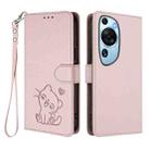 For Huawei P60 Art Embossed Heart Cat Leather Phone Case with Strap(Pink) - 2