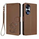 For Honor 70 Embossed Heart Cat Leather Phone Case with Hand Strap(Brown) - 2