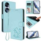 For Honor 70 Pro Embossed Heart Cat Leather Phone Case with Hand Strap(Mint Green) - 1