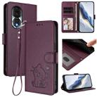For Honor 80 Embossed Heart Cat Leather Phone Case with Hand Strap(Dark Purple) - 1