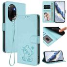 For Honor 100 Pro Embossed Heart Cat Leather Phone Case with Hand Strap(Mint Green) - 1