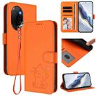 For Honor 100 Pro Embossed Heart Cat Leather Phone Case with Hand Strap(Orange) - 1
