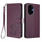 For Honor 300 Embossed Heart Cat Leather Phone Case with Hand Strap(Dark Purple) - 2