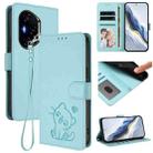 For Honor 300 Pro / Honor 300 Ultra Embossed Heart Cat Leather Phone Case with Hand Strap(Mint Green) - 1