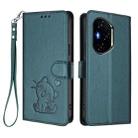 For Honor 300 Pro / Honor 300 Ultra Embossed Heart Cat Leather Phone Case with Hand Strap(Dark Green) - 2