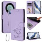 For Honor Magic5 Lite / X9a / X40 Embossed Heart Cat Leather Phone Case with Hand Strap(Light Purple) - 1
