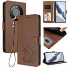 For Honor X70 5G Embossed Heart Cat Leather Phone Case with Hand Strap(Brown) - 1