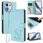 For Honor X70i Embossed Heart Cat Leather Phone Case with Hand Strap(Mint Green) - 1