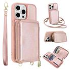 For iPhone 14 Pro Max Crossbody Zipper RFID Card Bag Phone Case(Rose Gold) - 1