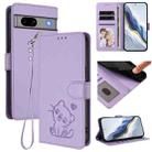 For Google Pixel 7a Embossed Heart Cat Leather Phone Case with Hand Strap(Light Purple) - 1