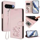 For Google Pixel 10 Pro XL / 9 Pro XL Embossed Heart Cat Leather Phone Case with Hand Strap(Pink) - 1