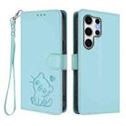 For Samsung Galaxy S25 Ultra 5G Embossed Heart Cat Leather Phone Case with Hand Strap(Mint Green) - 2
