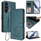 For Samsung Galaxy S23+ 5G Embossed Heart Cat Leather Phone Case with Hand Strap(Dark Green) - 1