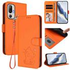 For HTC U24 Pro Embossed Heart Cat Leather Phone Case with Hand Strap(Orange) - 1
