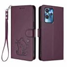For Oukitel C32 Embossed Heart Cat Leather Phone Case with Hand Strap(Dark Purple) - 2