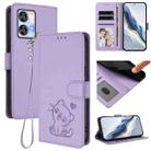 For Oukitel C35 Embossed Heart Cat Leather Phone Case with Hand Strap(Light Purple) - 1